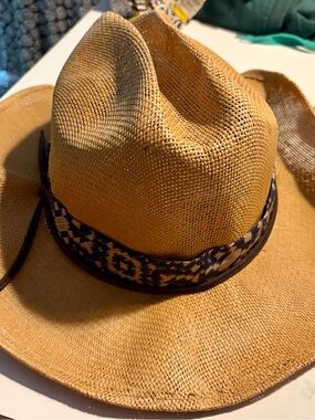 Frye Tan Straw Fedora with Patterned Band